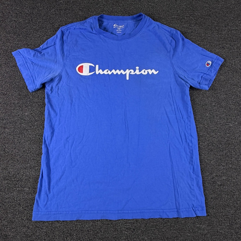 Champion T-Shirt Mens M SS2022 BRR Blue Script Logo Graphic EUC
